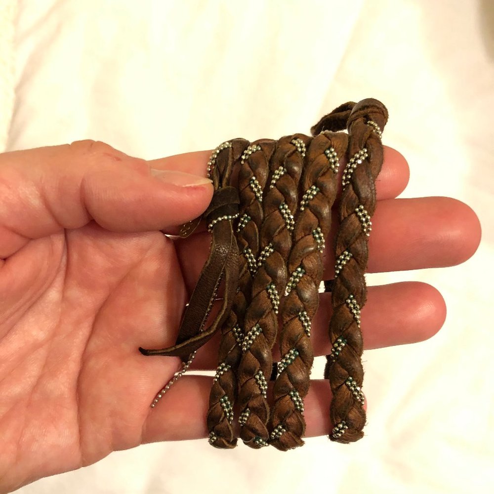 Y2K VTG Sogoli Brown Leather Braided Wrap Bracelet Necklace Gold Ball Chain Boho - Picture 4 of 16